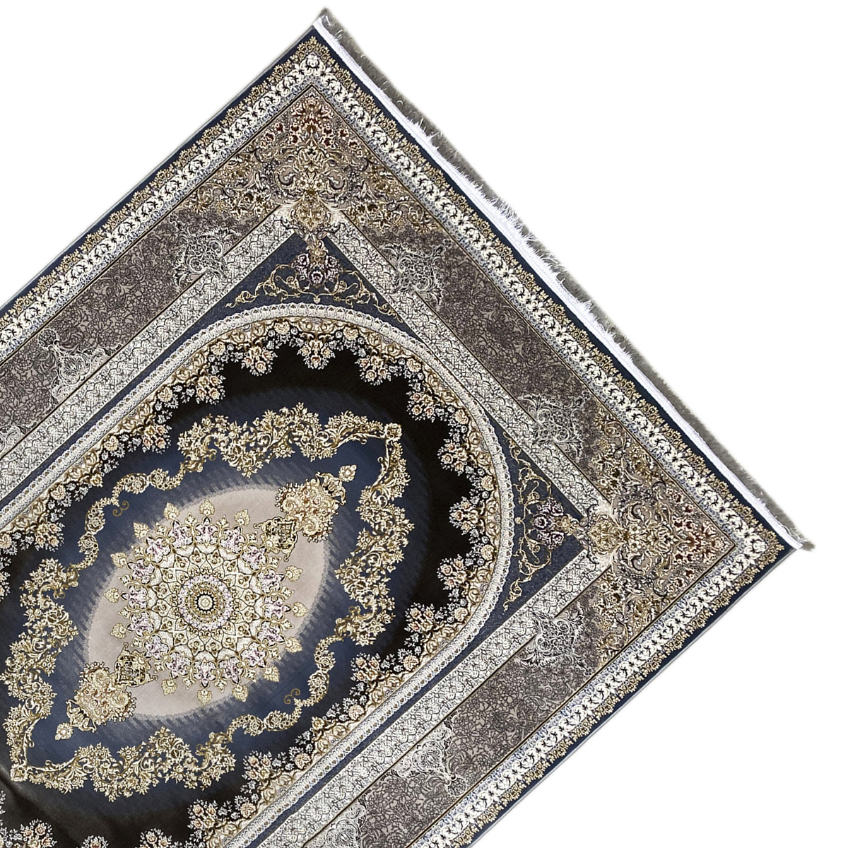 Tappeto orientale 170x240 cm, vista diagonale con medaglione e bordure decorative goffrate dorate