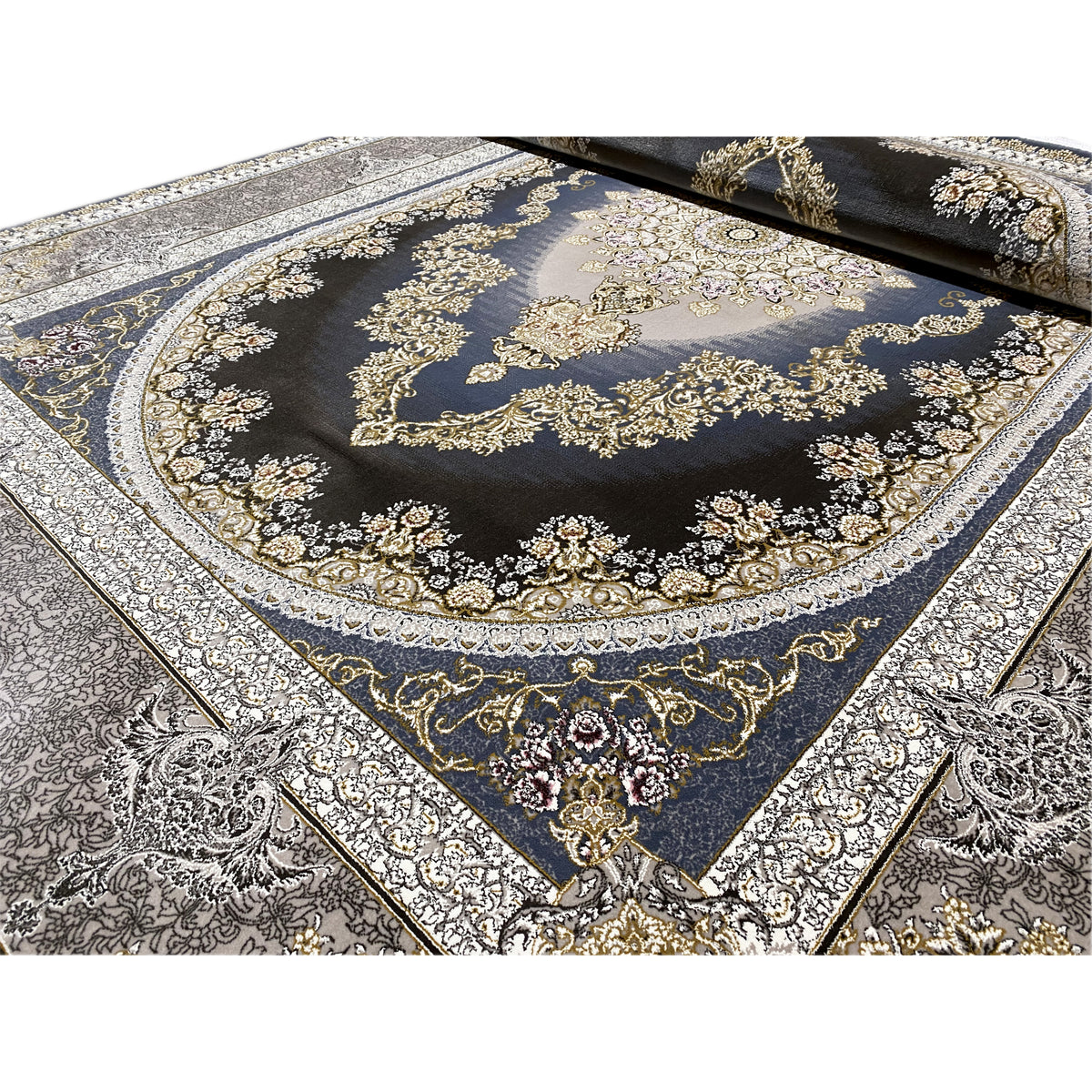 Tappeto 170x240 cm con superficie blu scuro, ornamenti dorati e bordo argentato