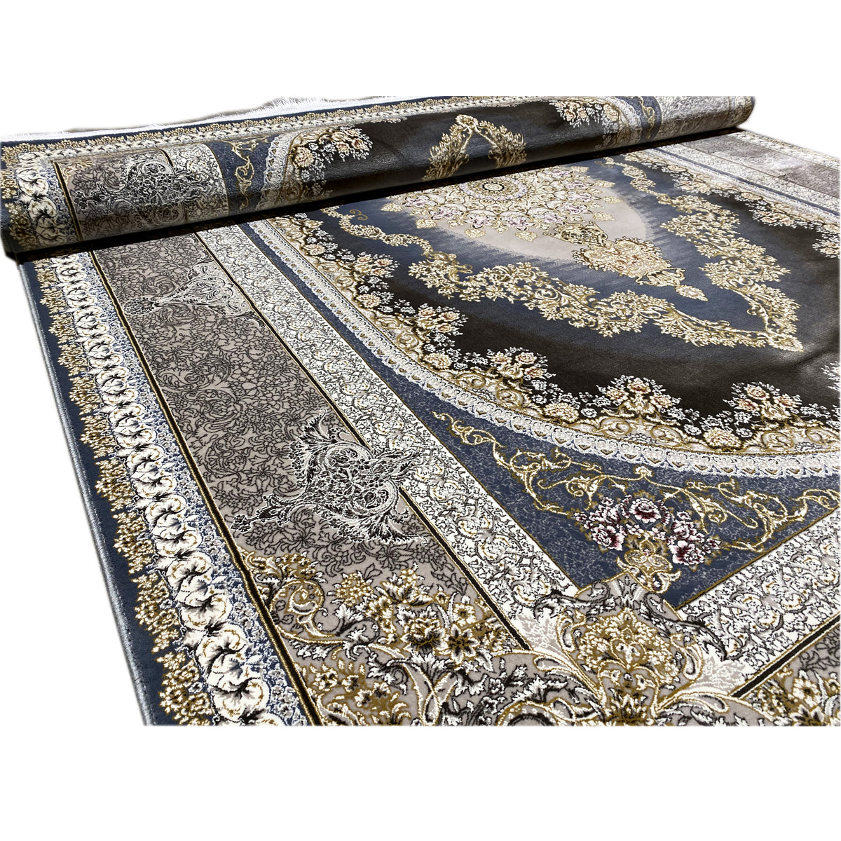 Tappeto 170x240 cm arrotolato: blu scuro con arabeschi argentati e dettagli dorati