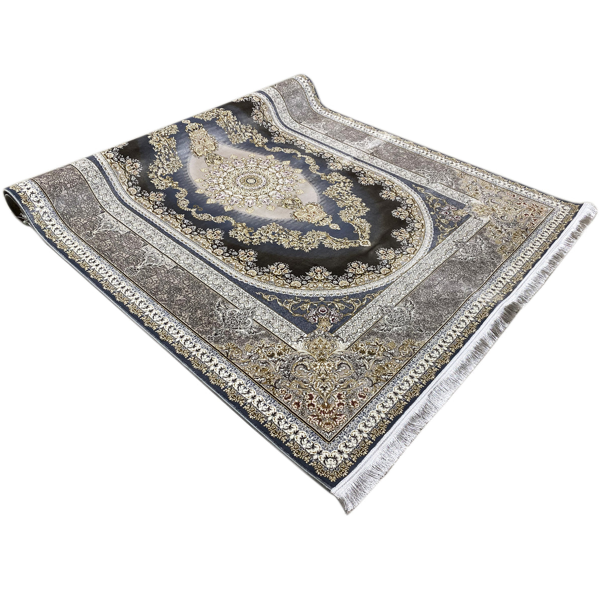 Tappeto 170x240 cm con medaglione blu scuro e bordo ornamentale dorato