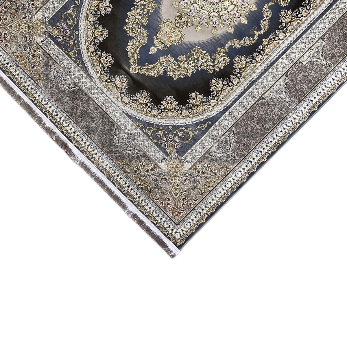 Tappeto orientale 170x240 cm con centro blu scuro, linee argentate, motivo floreale dorato e frange