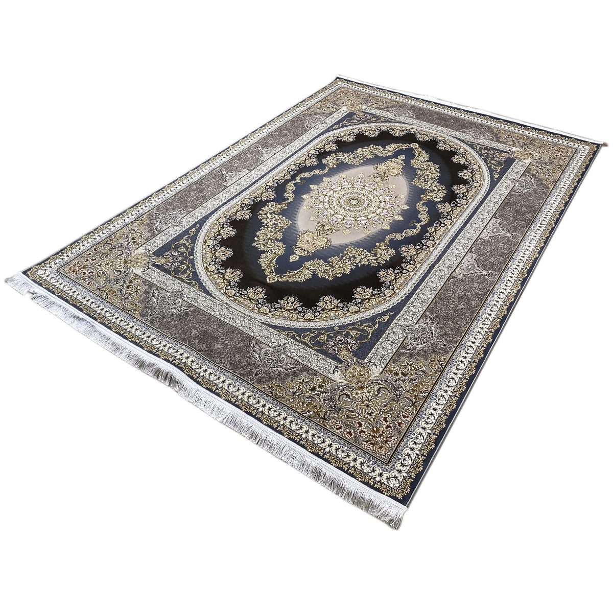 Tappeto orientale 170x240 cm, posizionato obliquamente: medaglione ovale, blu scuro, ornamenti dorati, frange