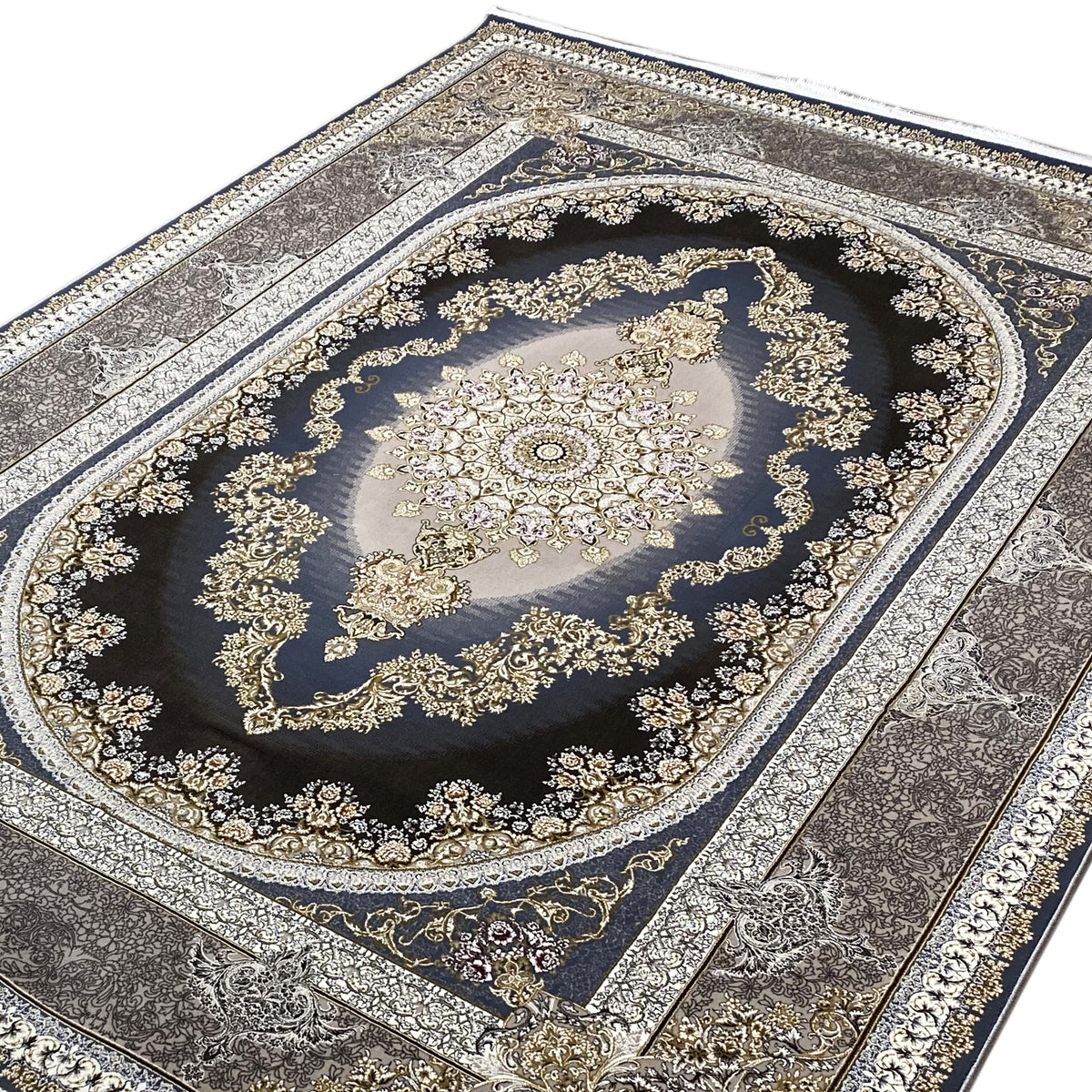 Tappeto orientale 170x240 cm, vista ravvicinata: medaglione con raffinati ornamenti dorati su sfondo blu scuro