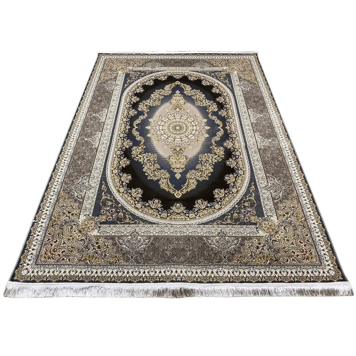 Tappeto orientale 170x240 cm con medaglione incorniciato blu scuro e bordo ornamentale dorato-argentato