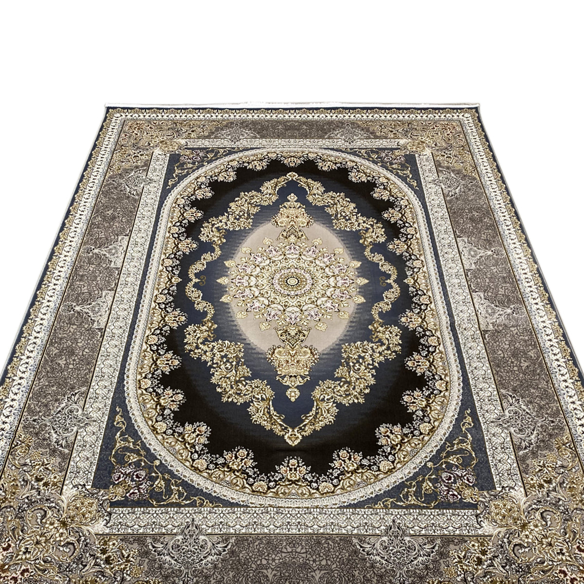 Tappeto orientale 170x240 cm, vista frontale: medaglione rotondo, sfondo blu scuro, decorazioni dorate