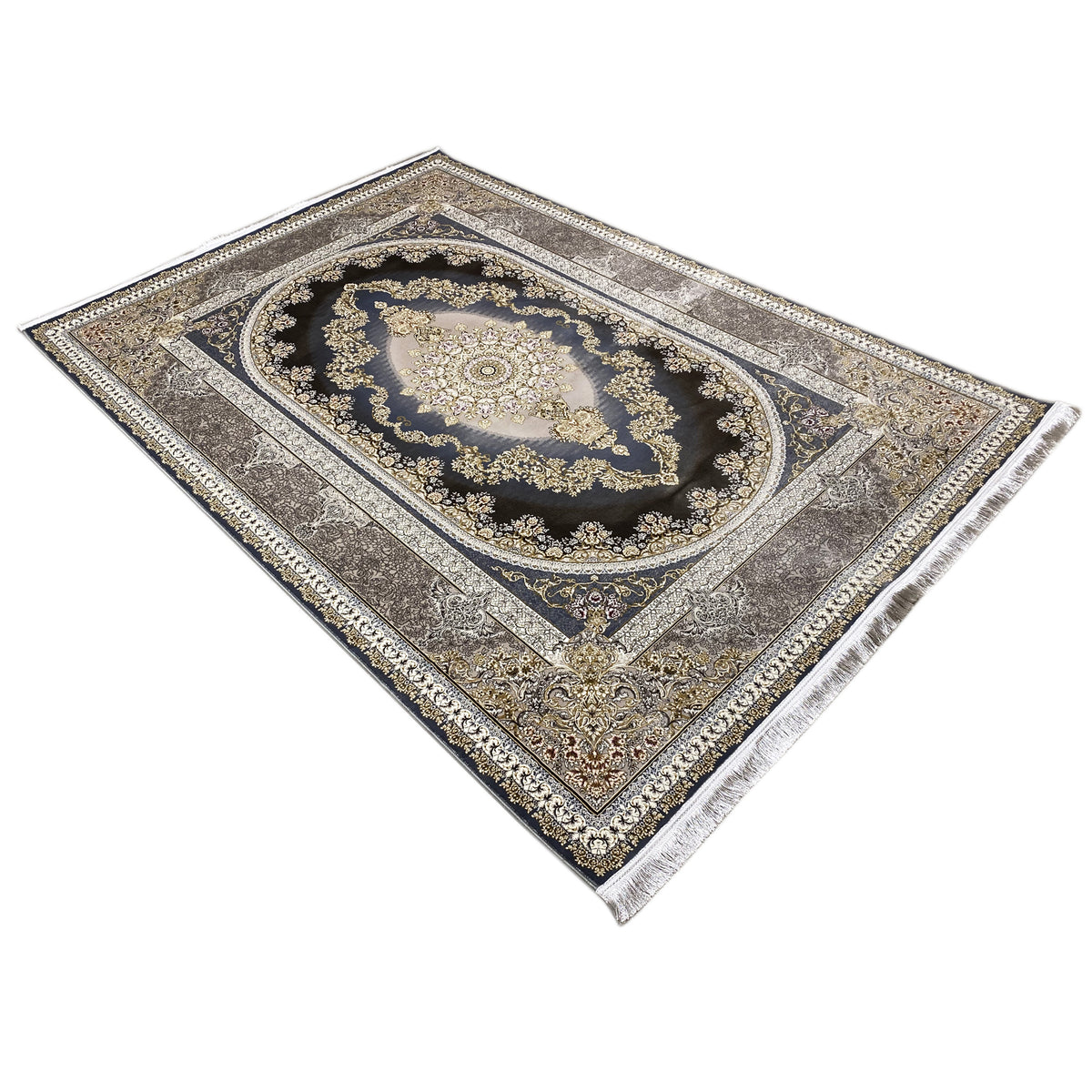Tappeto orientale 170x240 cm, obliquo: medaglione blu scuro, motivi dorati, linee decorative argentate, frange