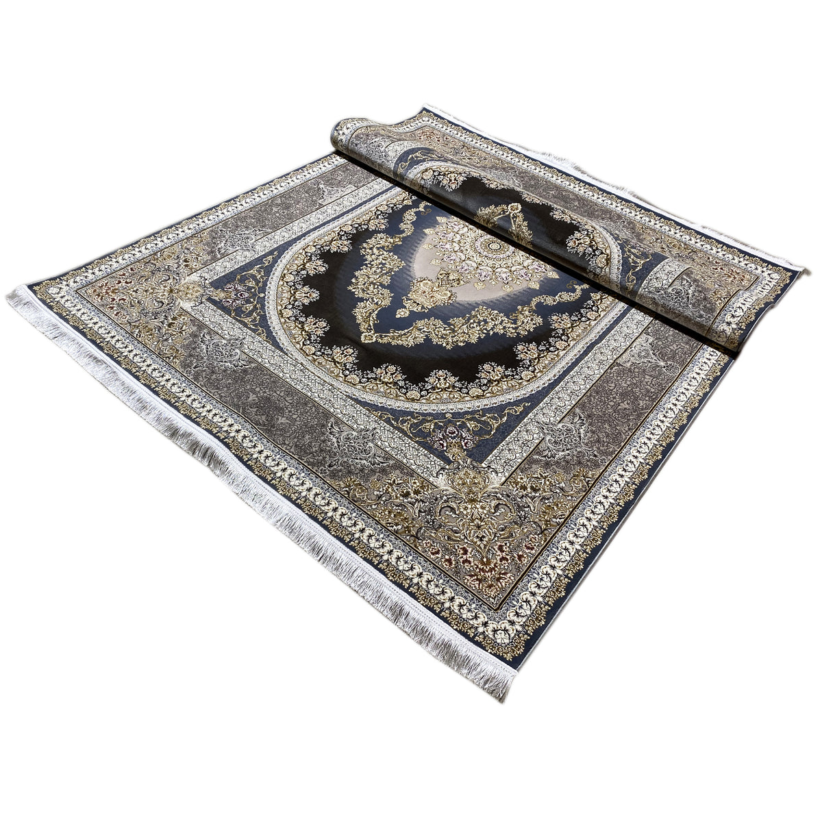 Tappeto orientale 170x240 cm con superficie arrotolata, bordo in argento e oro, motivo blu scuro