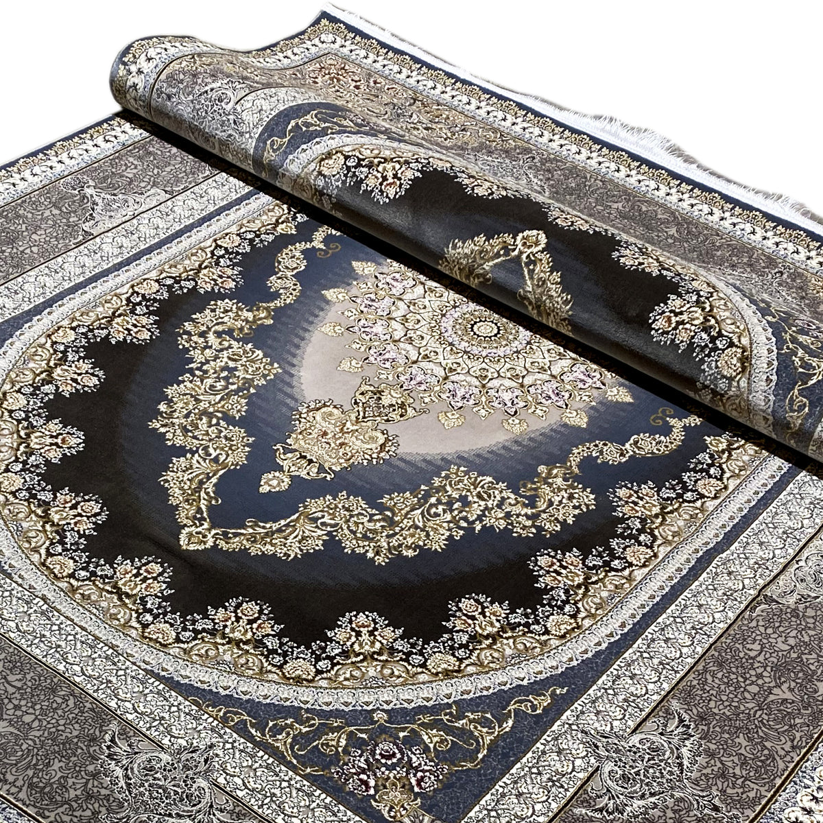 Tappeto orientale 170x240 cm con bordo arrotolato, medaglione e ornamenti dorati su fondo blu scuro