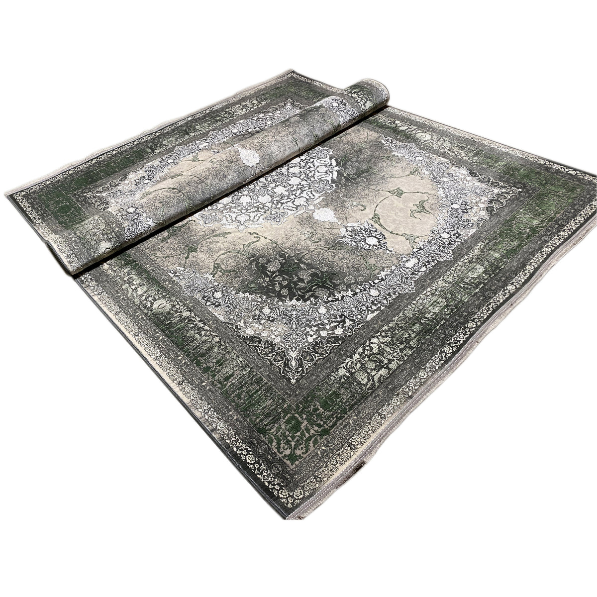 Tappeto 170x240 cm con bordo ornamentale e bordo arrotolato in grigio/verde/bianco