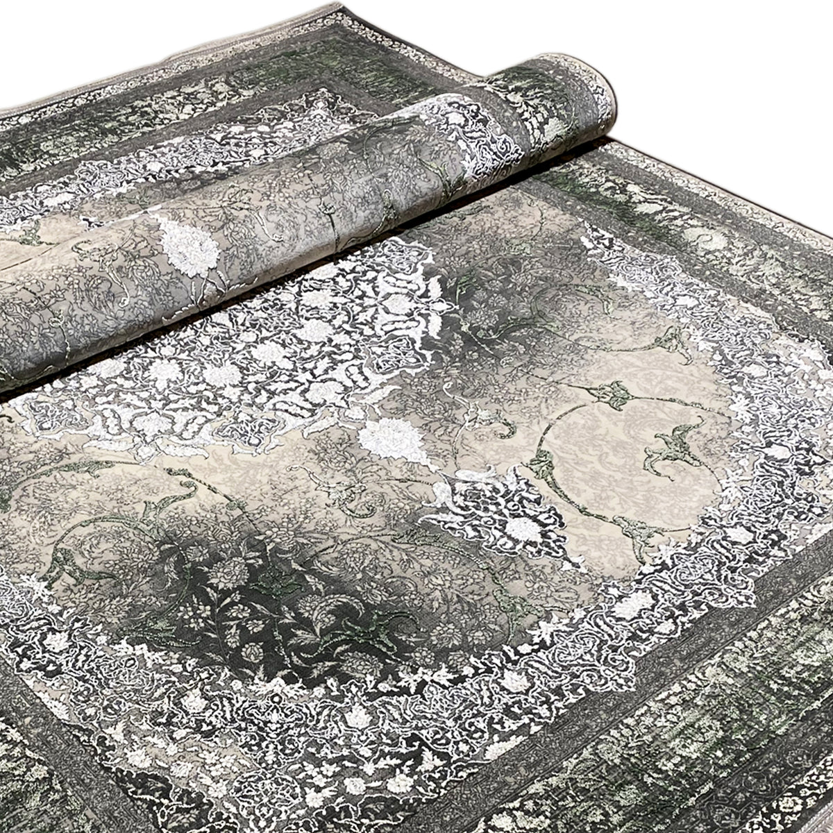 Tappeto 170x240 cm con bordo arrotolato e delicati ornamenti in grigio/verde