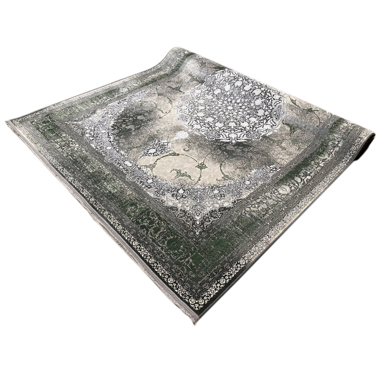 Tappeto 170x240 cm a pelo corto: bordo decorativo e medaglione centrale in grigio/verde