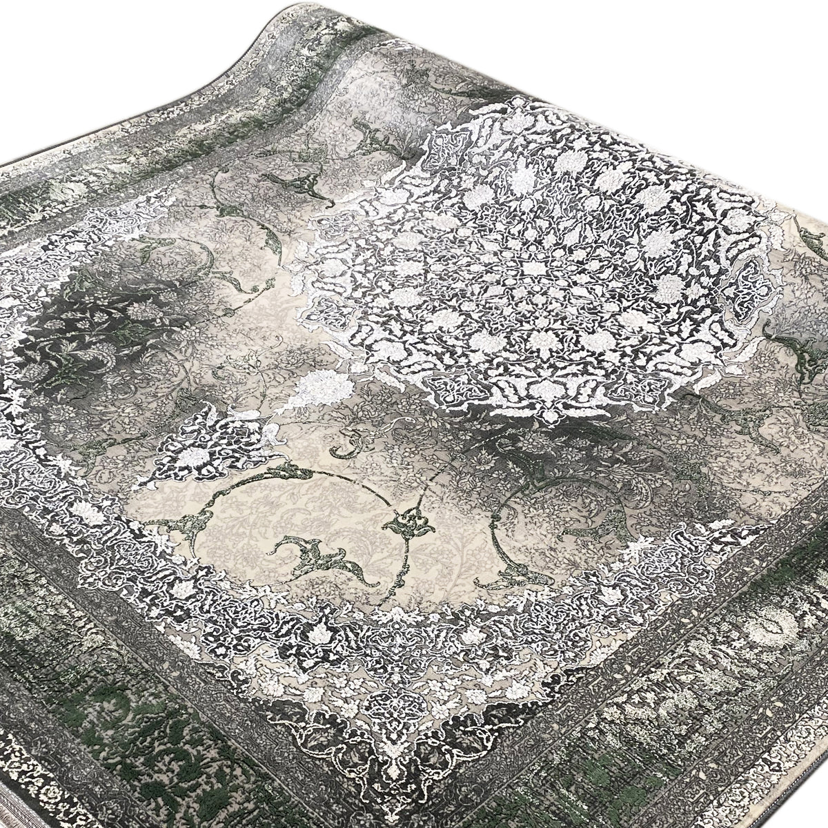 Tappeto 170x240 cm con grande medaglione e fitto motivo ornamentale in grigio e verde