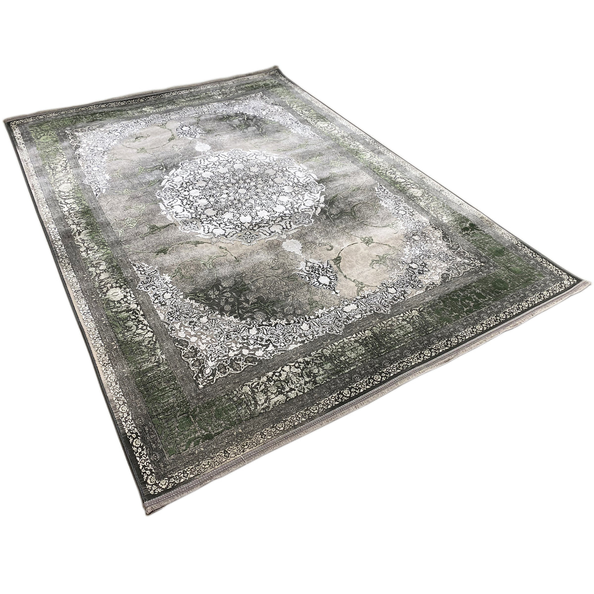 Tappeto Waldgeist 170x240 cm disposto in orizzontale: pelo verde scuro, ornamenti color crema nel campo centrale