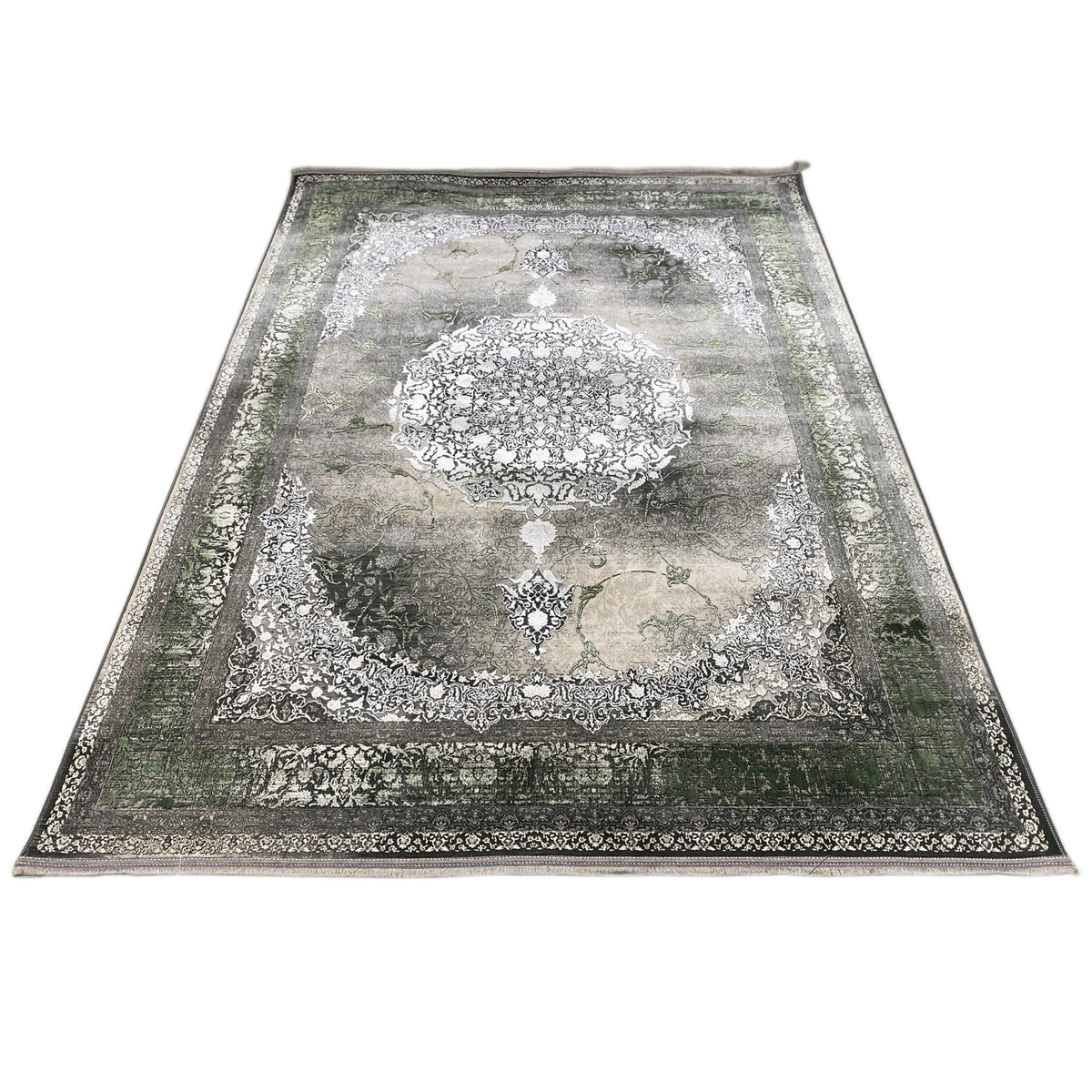 Tappeto Waldgeist 170x240 cm frontale: motivo centrale ornamentale color crema, bordo esterno scuro