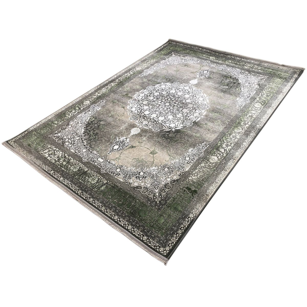 Tappeto Waldgeist 170x240 cm obliquo: medaglione color crema, sfondo verde scuro, bordi decorativi