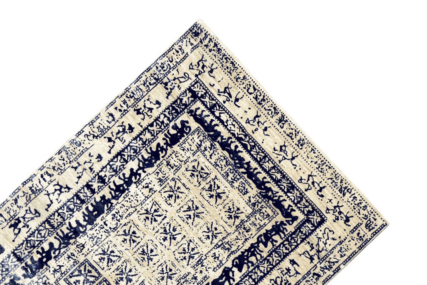 Moderner Beiger und Blauer Designer Teppich - Handgefertigt aus Wolle/Viskose, 235x171 cm (8x5.6 ft) - German Carpet Shop