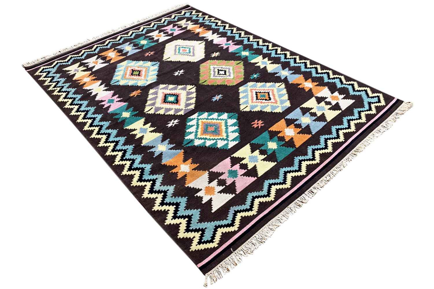 Großer Indischer Kelim Dhurrie - 240x170cm (8x6ft) - Handgefertigt & Gemütlich - German Carpet Shop
