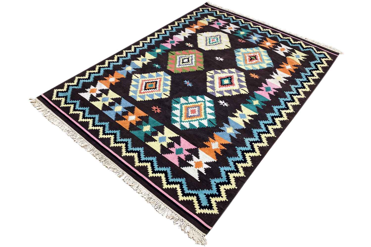 Handgewebter Wollen Kelim Dhurrie Teppich - 240x170cm (8x6ft) - Intrikates Tribal-Muster - German Carpet Shop