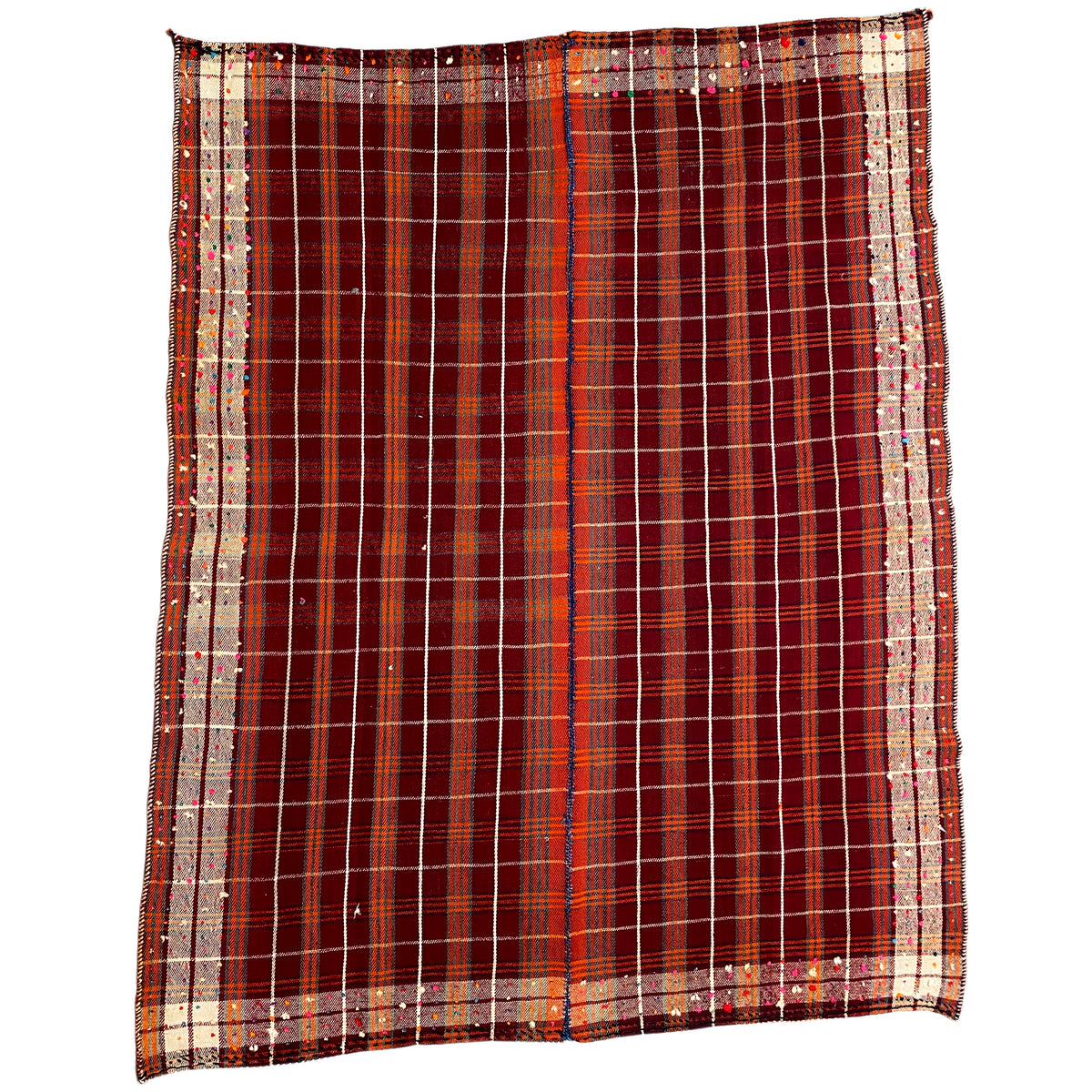 Tappeto dall’aspetto quadrato con motivo a quadri rosso scuro e bordo beige.