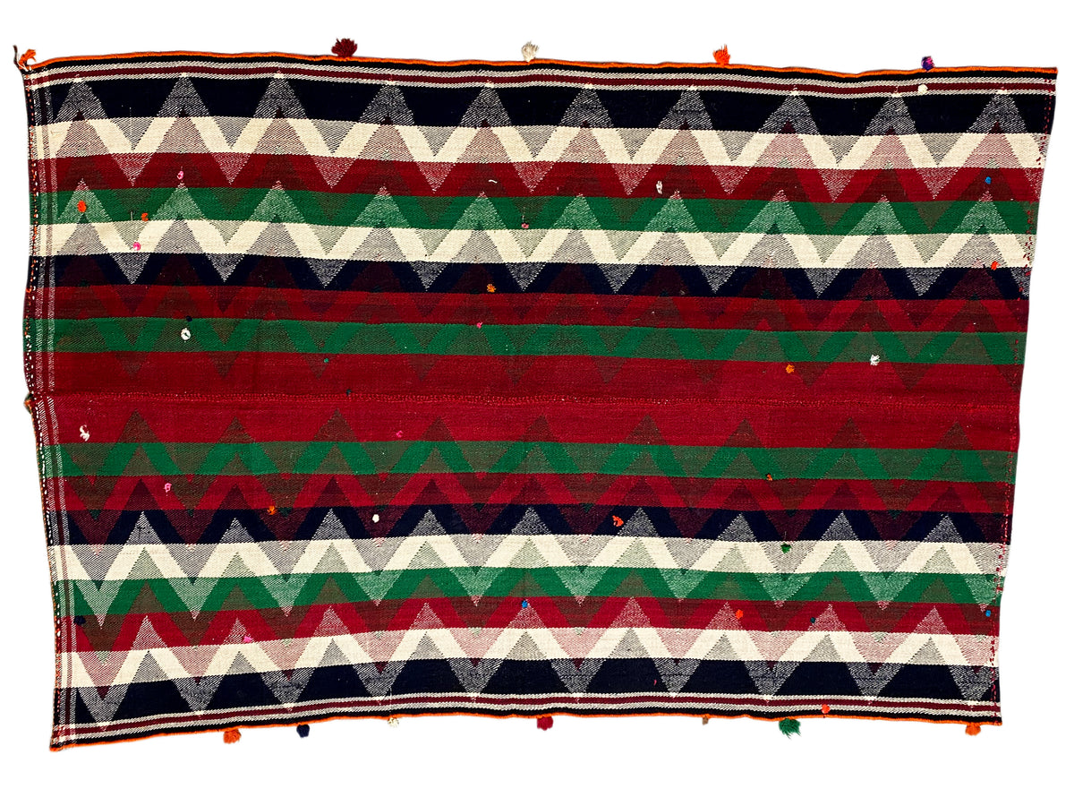 Tappeto Jajim con motivo a zigzag orizzontale in rosso, verde, crema e blu scuro