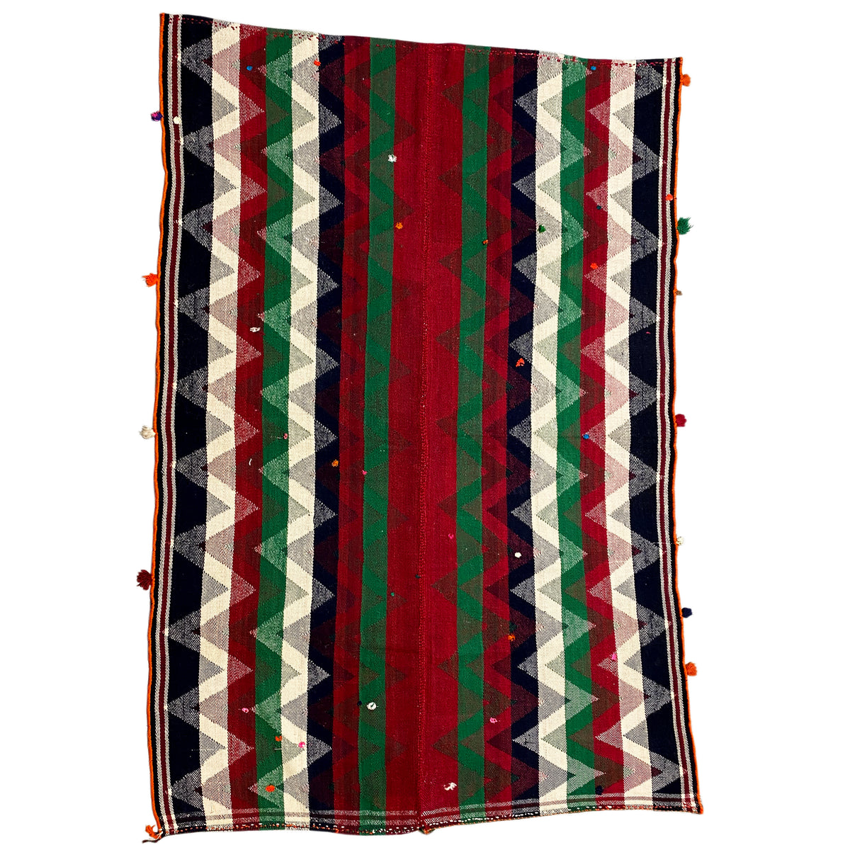Tappeto Jajim a visualizzazione completa: strisce verticali color crema, rosse, verdi e blu scuro