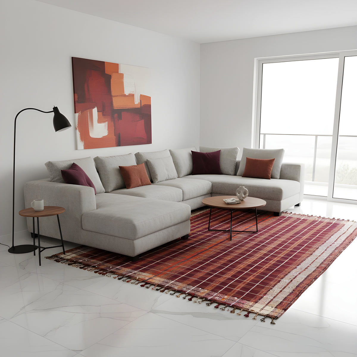 Tappeto color rosso-marrone nella zona giorno con bordo rifinito e bordure beige