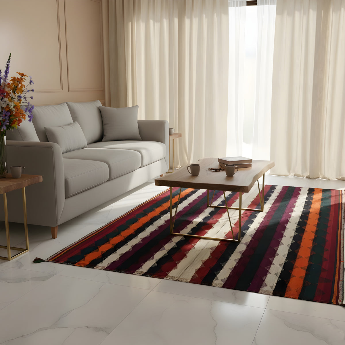 Tappeto Jajim variopinto con motivo a righe nei toni del viola, arancione, blu scuro e crema nella zona giorno