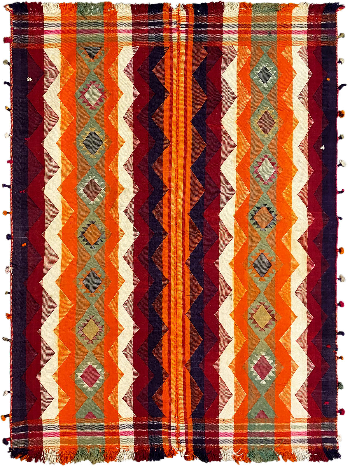 Tappeto Jajim con frange e motivo a zigzag di rombi, strisce di colore arancione e blu scuro