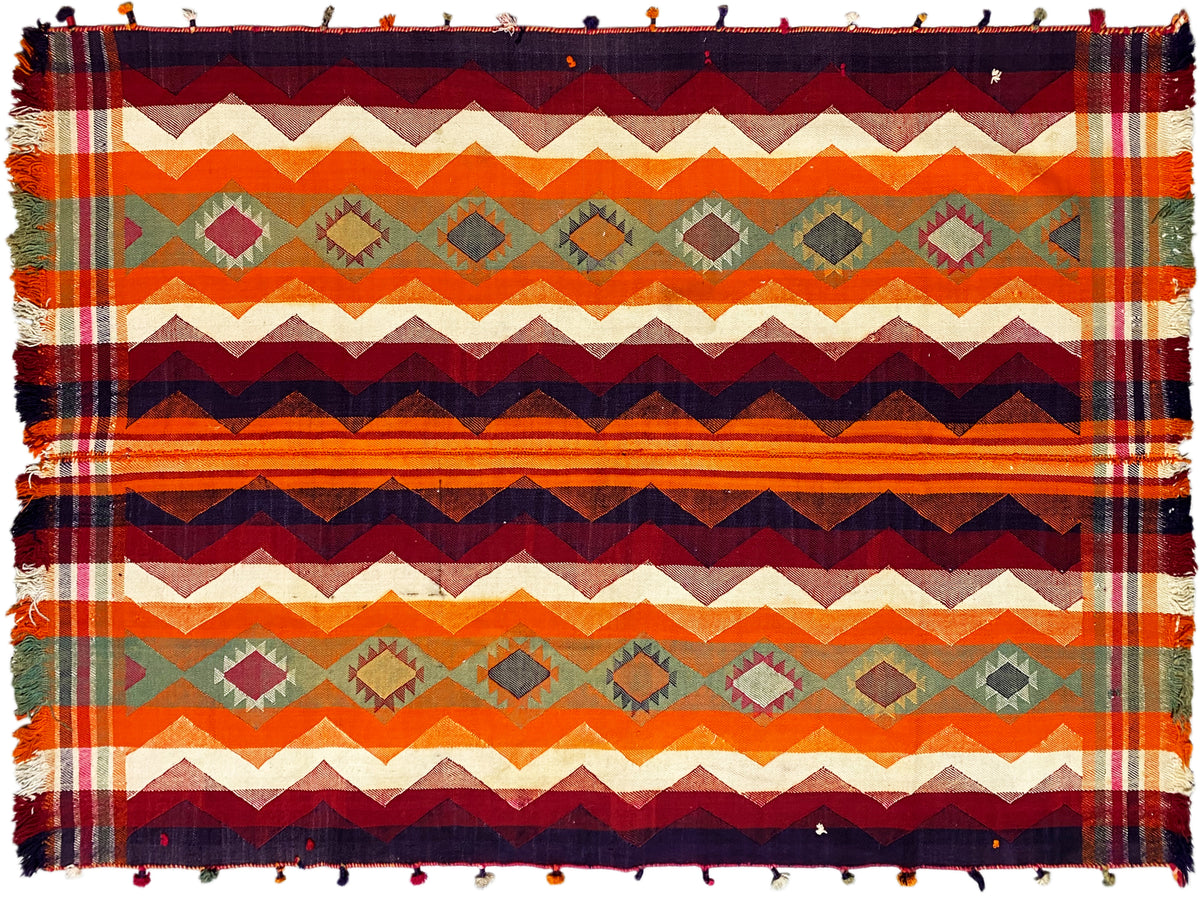 Tappeto Jajim a strisce multicolore con motivo a zigzag e frange
