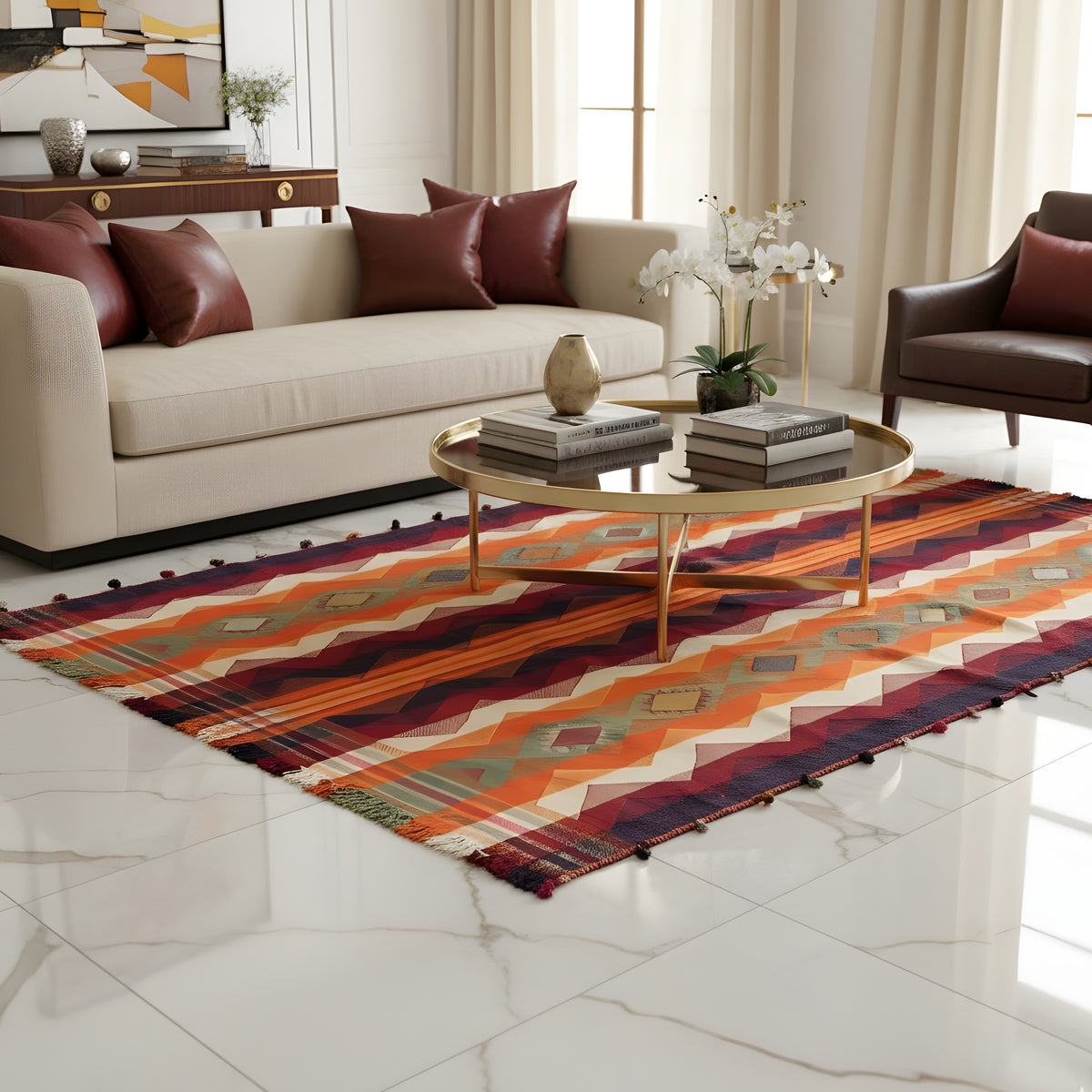 Tappeto Jajim multicolore con motivo a zigzag e rombi sul pavimento