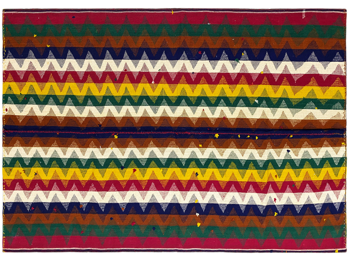 Tappeto Jajim rettangolare con motivo zigzag a righe nei colori verde, blu, rosso e giallo