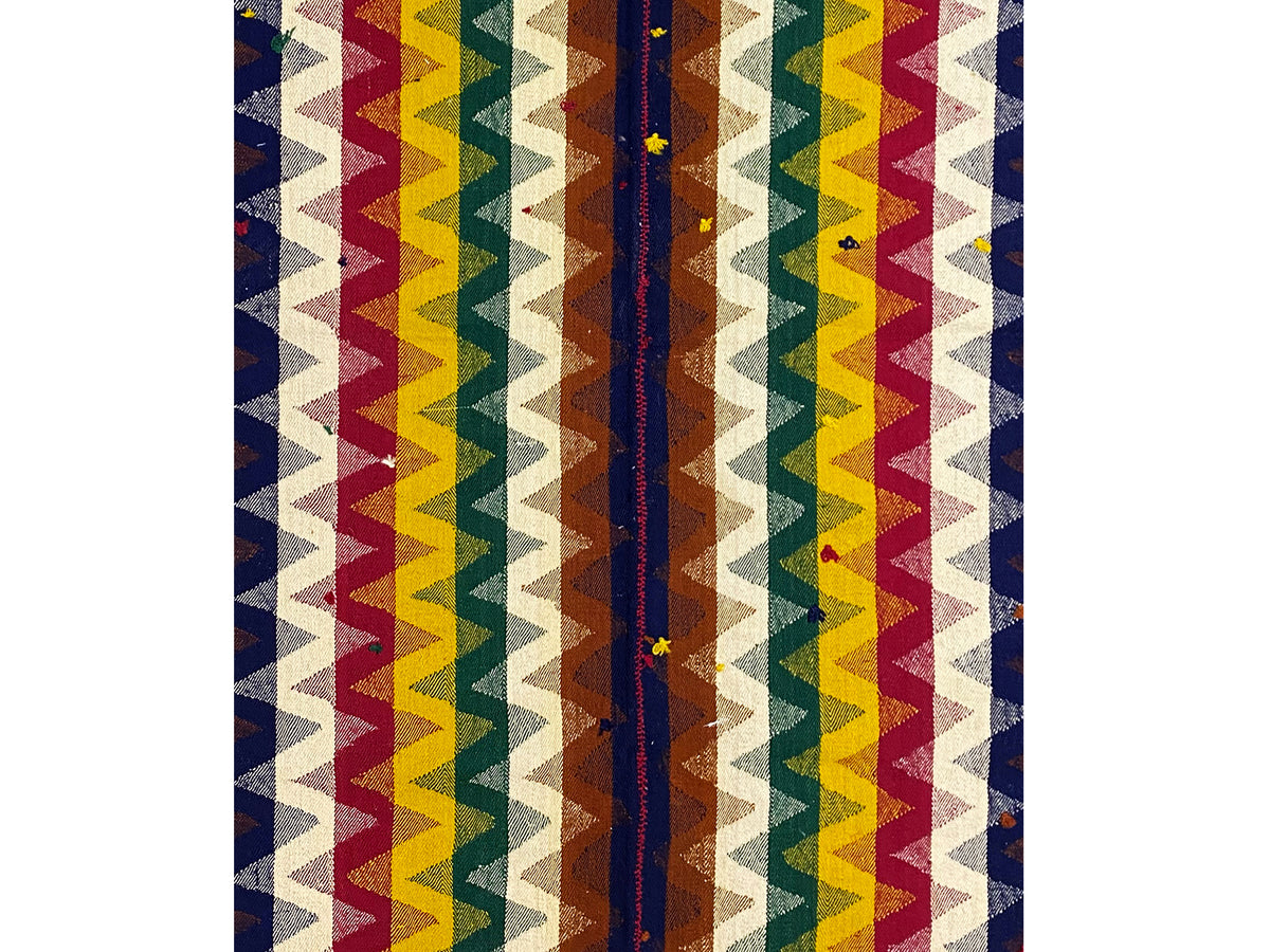 Dettaglio di un tappeto Jajim: strisce verticali a zigzag in blu, rosso, giallo e crema