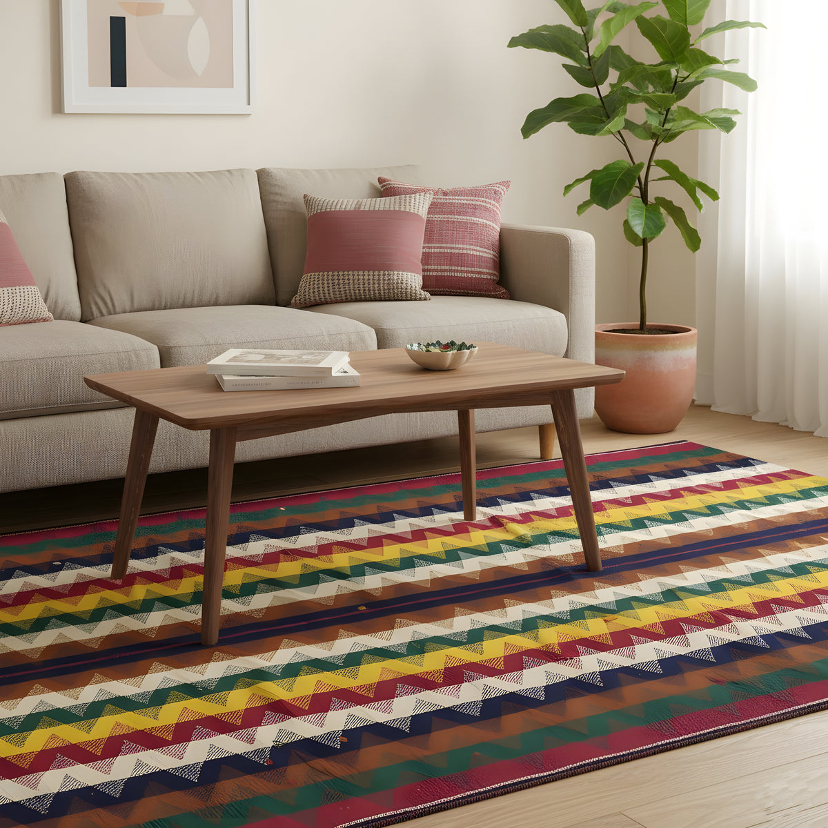 Tappeto kilim con motivo a zigzag colorato sotto il tavolino da salotto, rettangolare