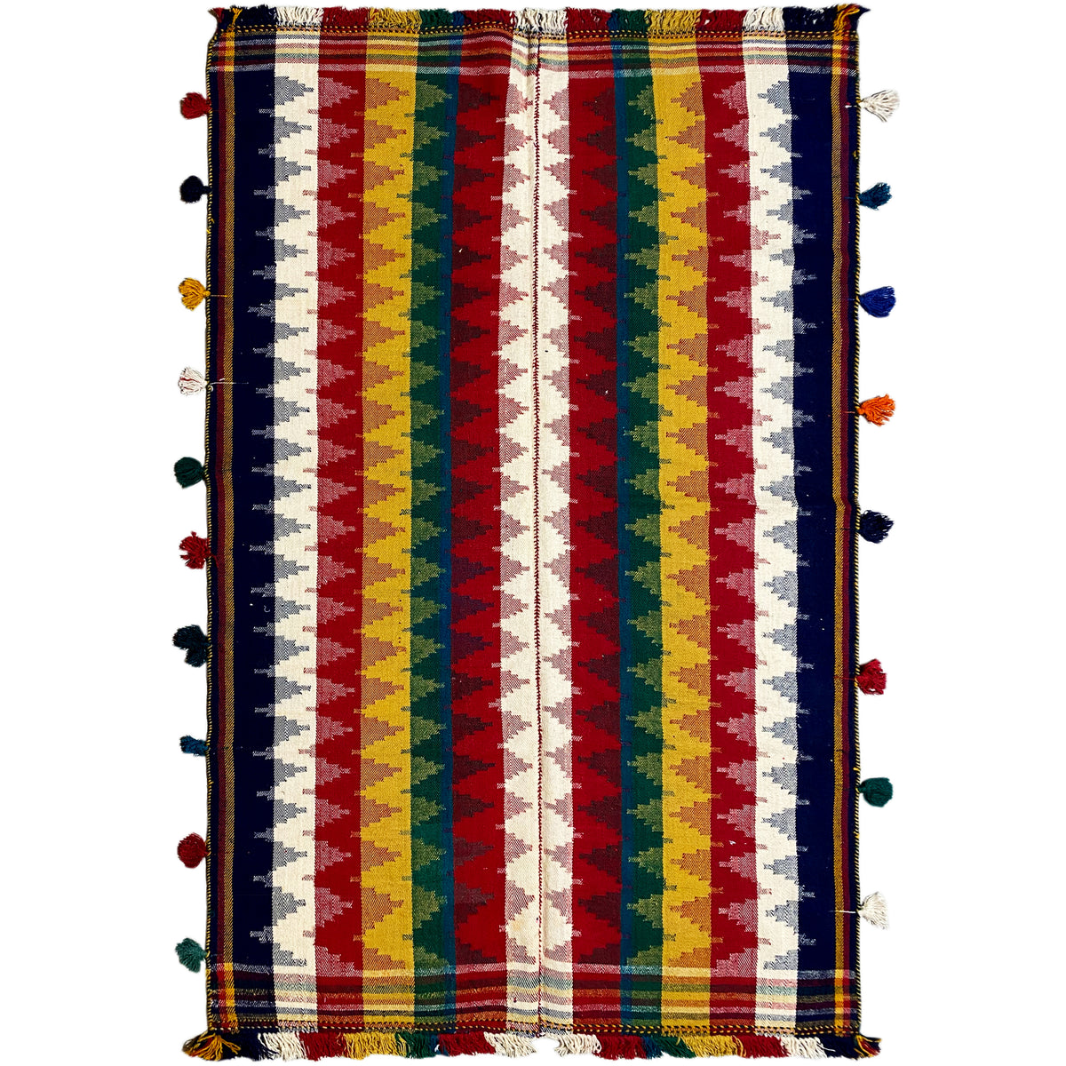 Tappeto Jajim a strisce multicolori blu, rosse, gialle e verdi, con frange