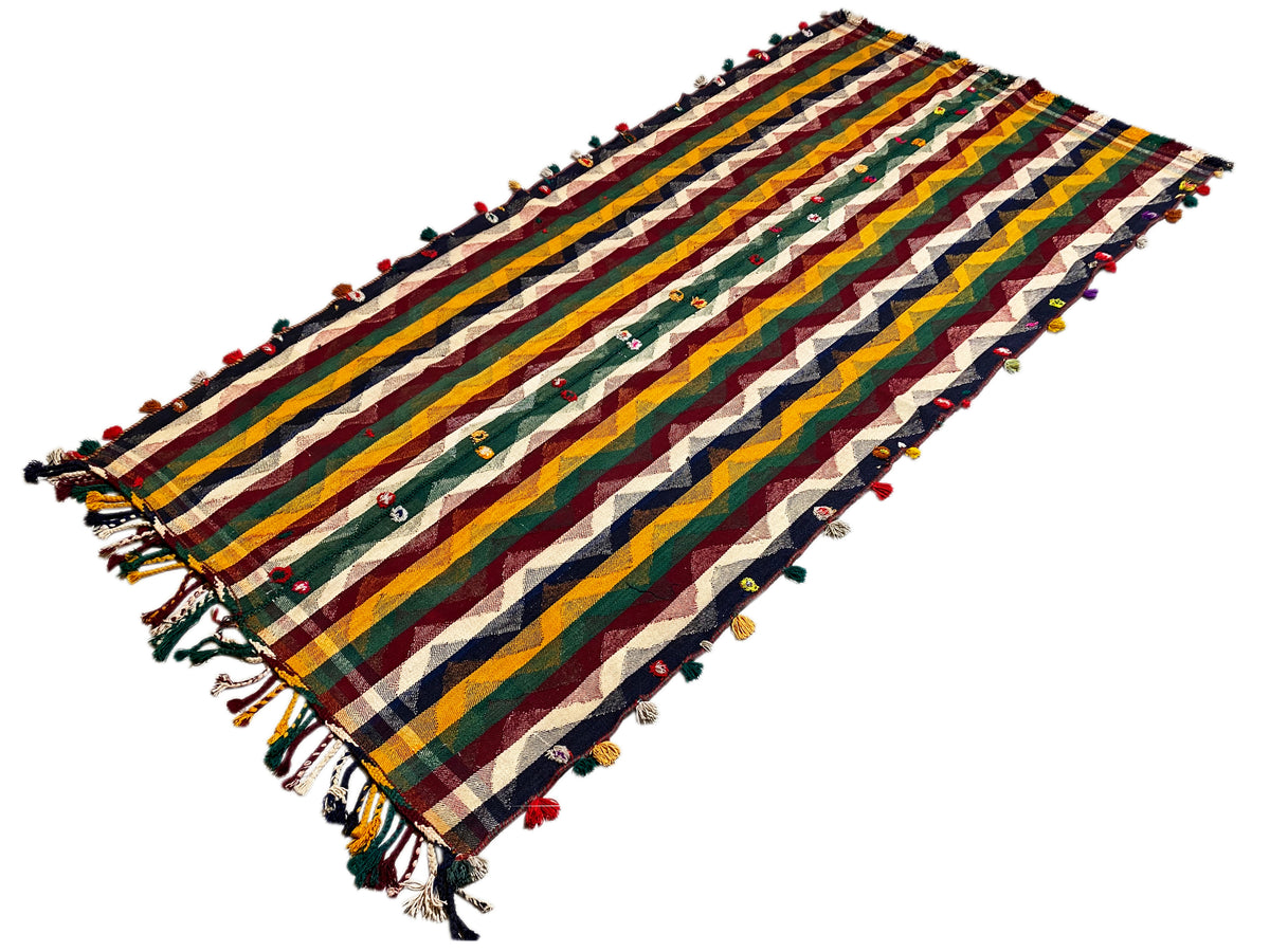 Tappeto Jajim a strisce colorate con frange e piccole nappe colorate