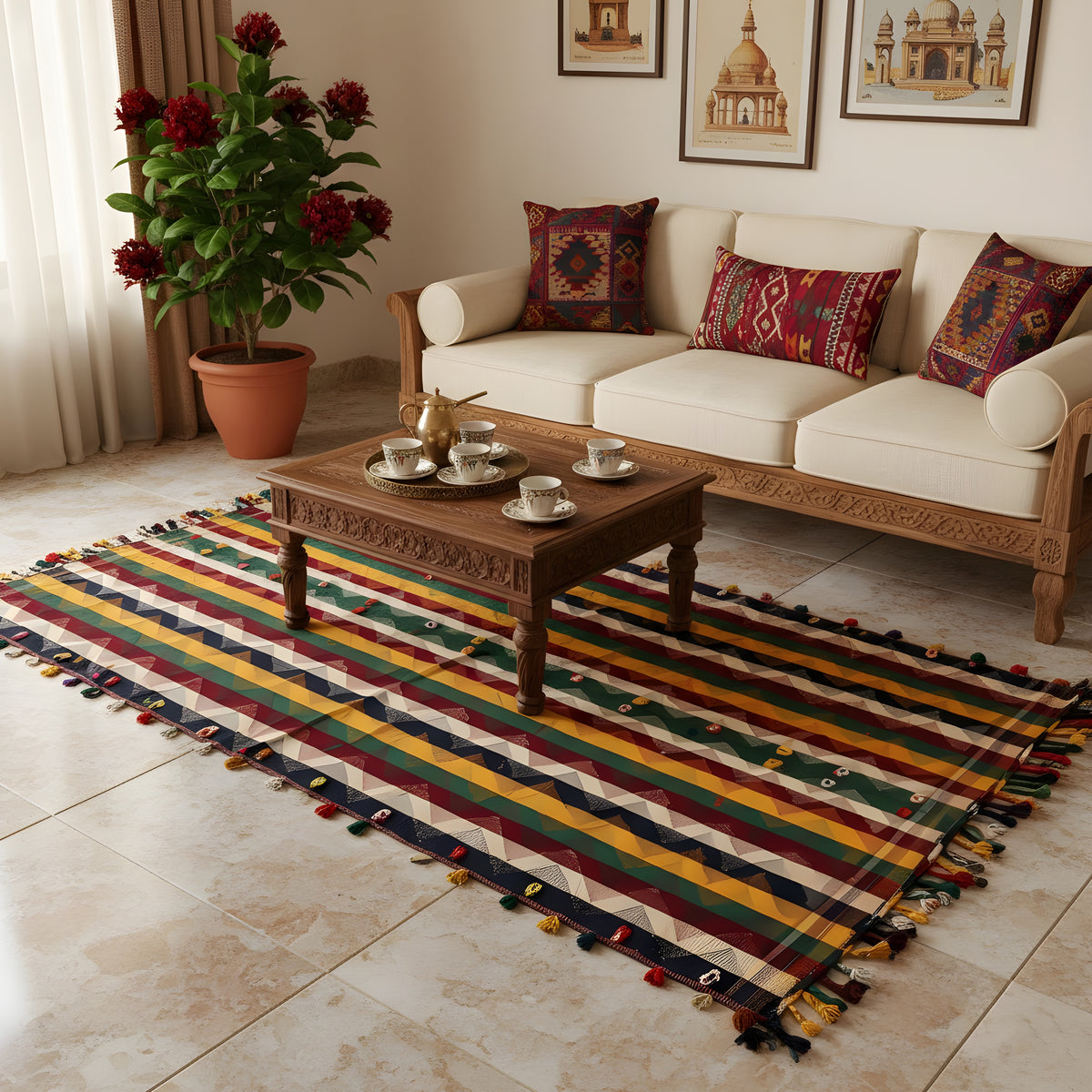 Tappeto Jajim colorato con strisce multicolori e frange con nappe lungo tutto il bordo