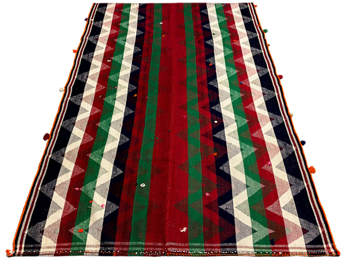 Tappeto Jajim con motivo a righe in rosso, verde, crema e blu scuro