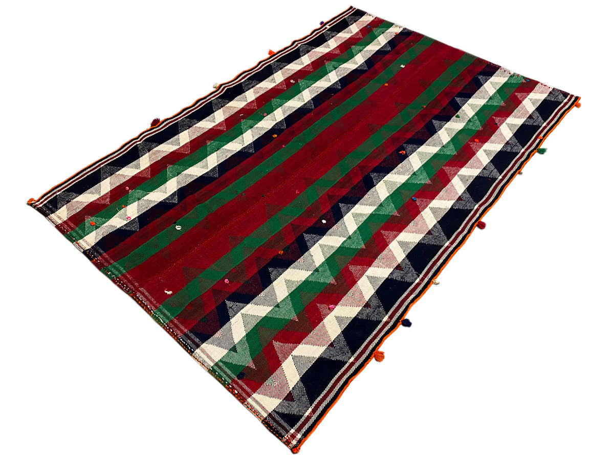 Tappeto Jajim rettangolare, disposto diagonalmente, a strisce rosse, verdi, crema e blu