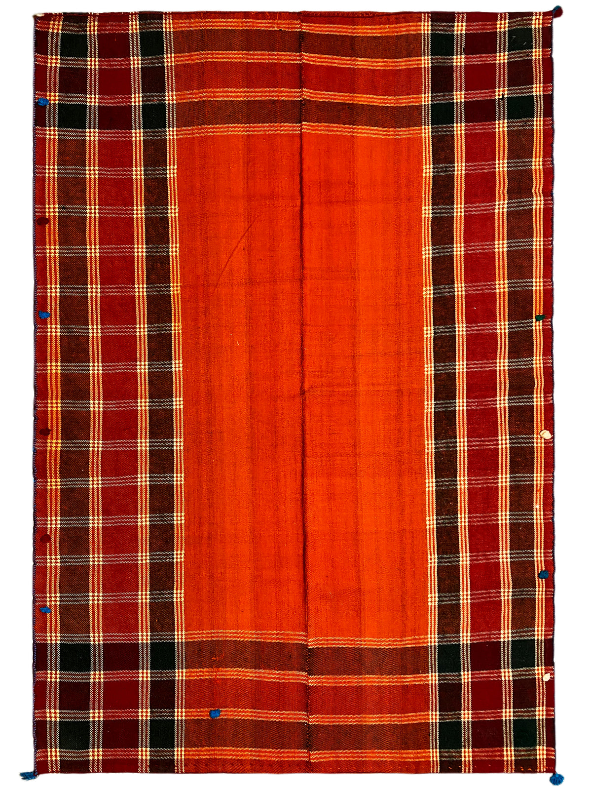 Tappeto Jajim rettangolare: motivo a quadri rosso-arancio su fondo scuro con linee bianche/gialle