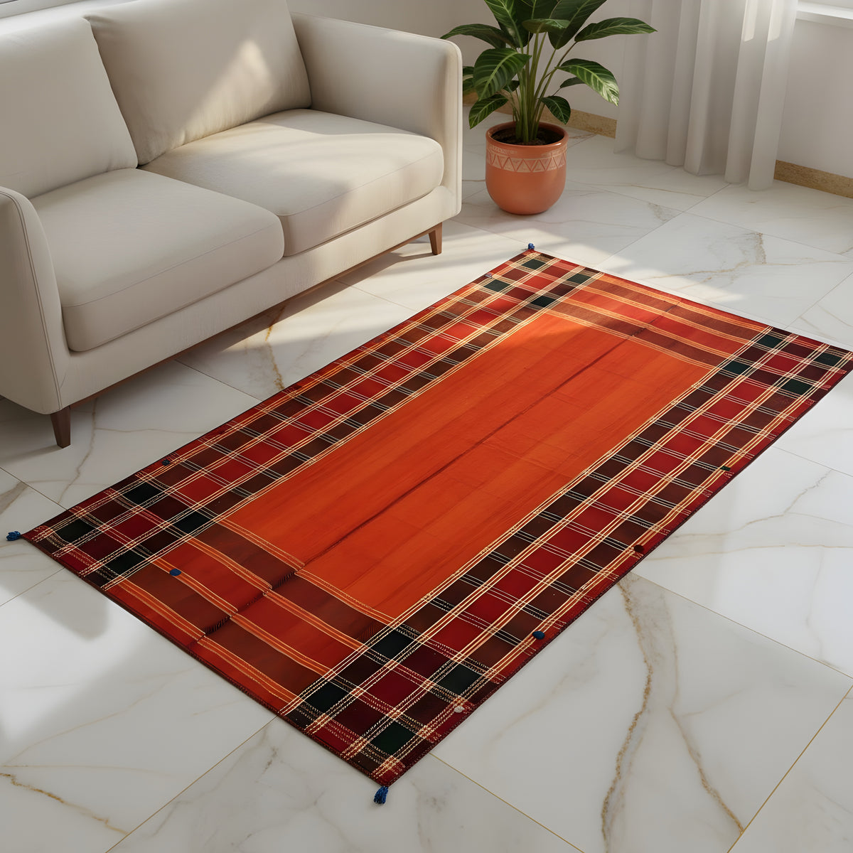 Tappeto Jajim in soggiorno: rosso-arancio con motivo a quadri nero e linee bianche/gialle, nappe blu