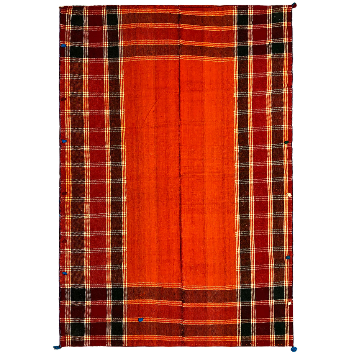 Tappeto Jajim rosso-arancio con motivo a quadri nero e linee giallo-bianche, angoli con nappe blu