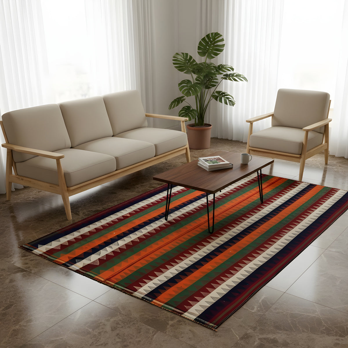 Tappeto Jajim rettangolare con motivo a zigzag e strisce multicolore, su fondo chiaro