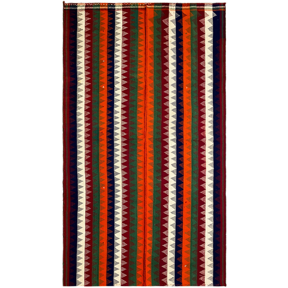 Tappeto Jajim rettangolare con motivo a zigzag e a righe nei colori verde, rosso, blu e crema