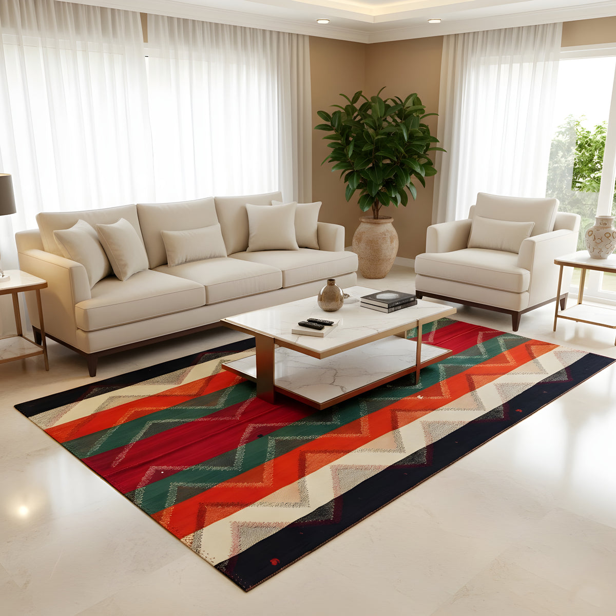 Tappeto nell'ambiente soggiorno con motivo a zigzag variopinto in rosso, verde, arancione e blu scuro
