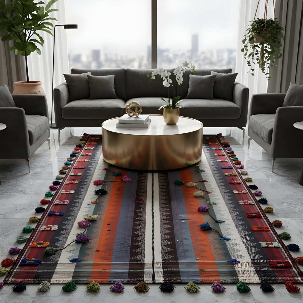 Tappeto a righe con nappe colorate e accenti floreali per la zona del pavimento