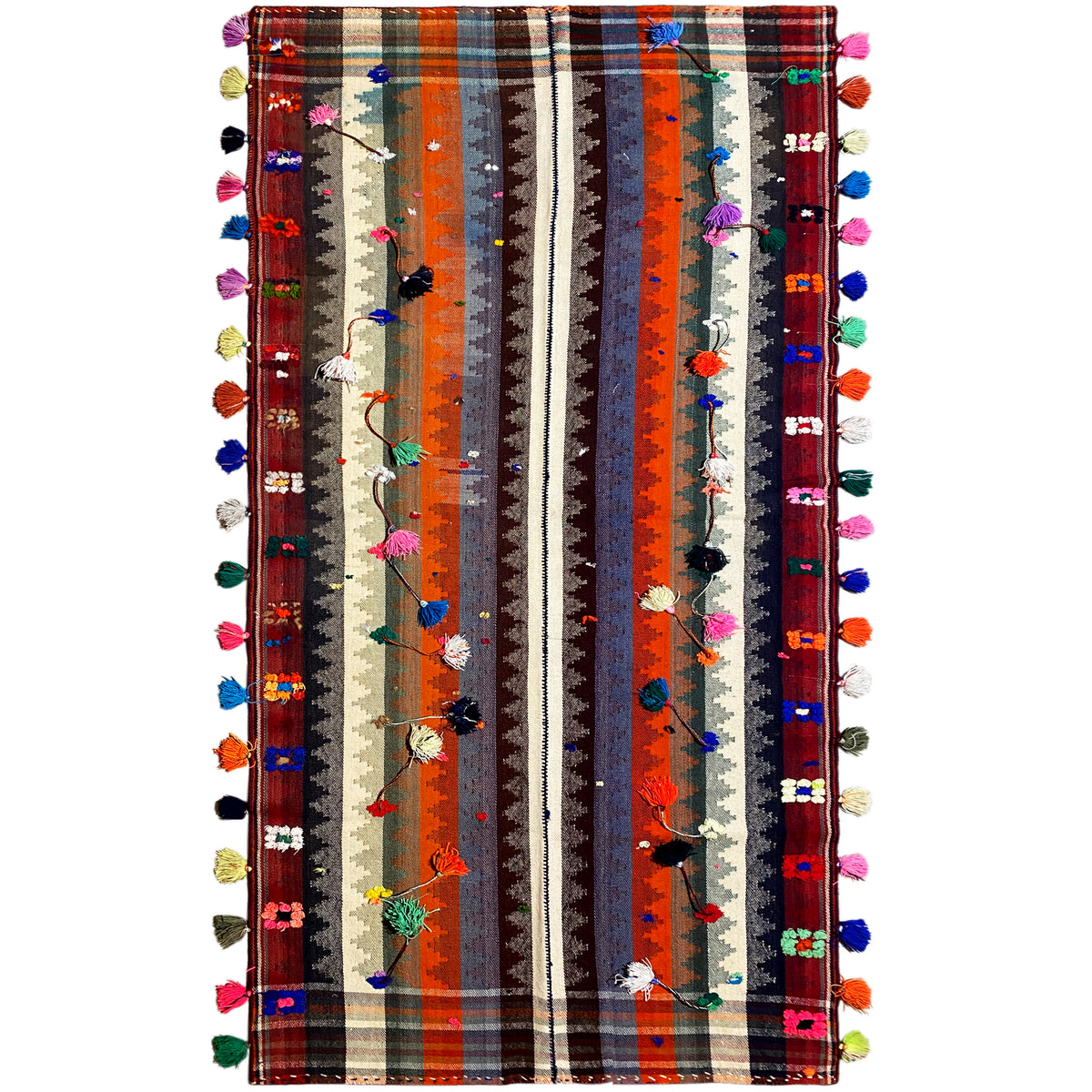 Tappeto Jajim variopinto con strisce multicolori e frange sui bordi