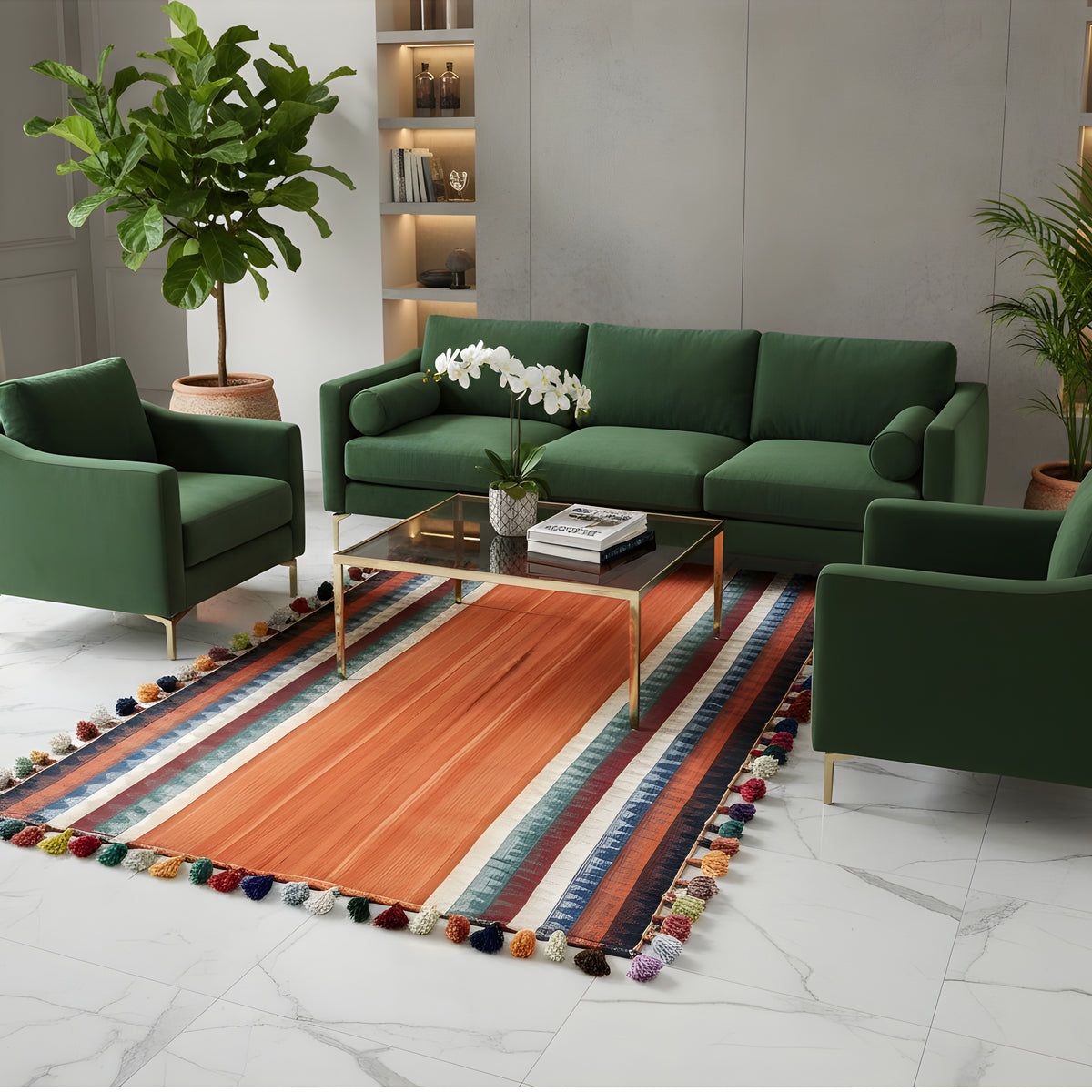 Tappeto Jajim nella zona giorno: color terracotta con motivo a strisce e nappe colorate sui bordi