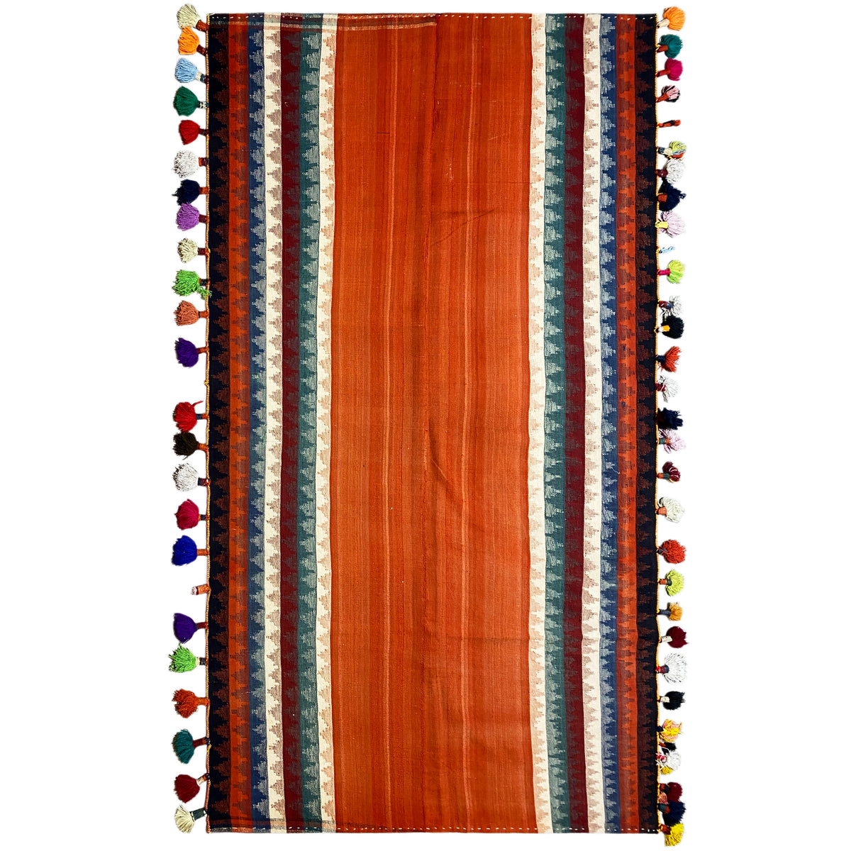 Tappeto Jajim color terracotta con bordi multicolori e nappe variopinte lungo i bordi