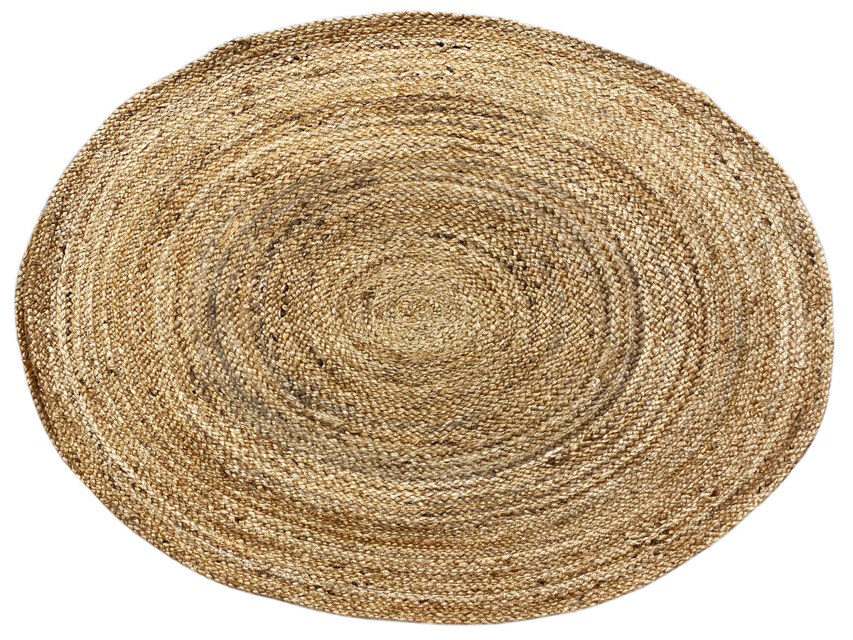Tappeto rotondo beige in juta con motivo ad anelli a spirale, superficie a tessitura piatta