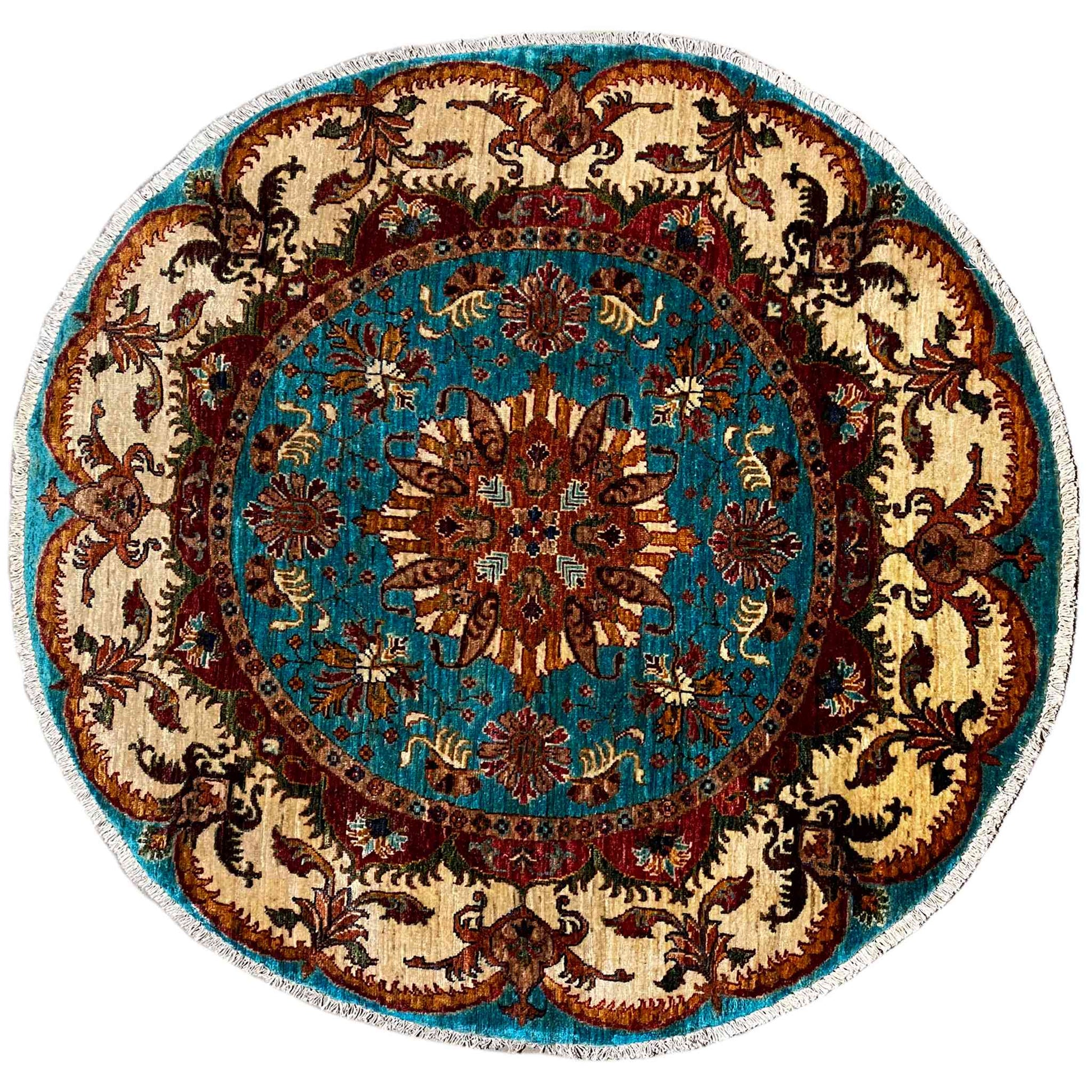 Türkis & Beiger Runder Kazak Teppich, 139x139 cm - German Carpet Shop